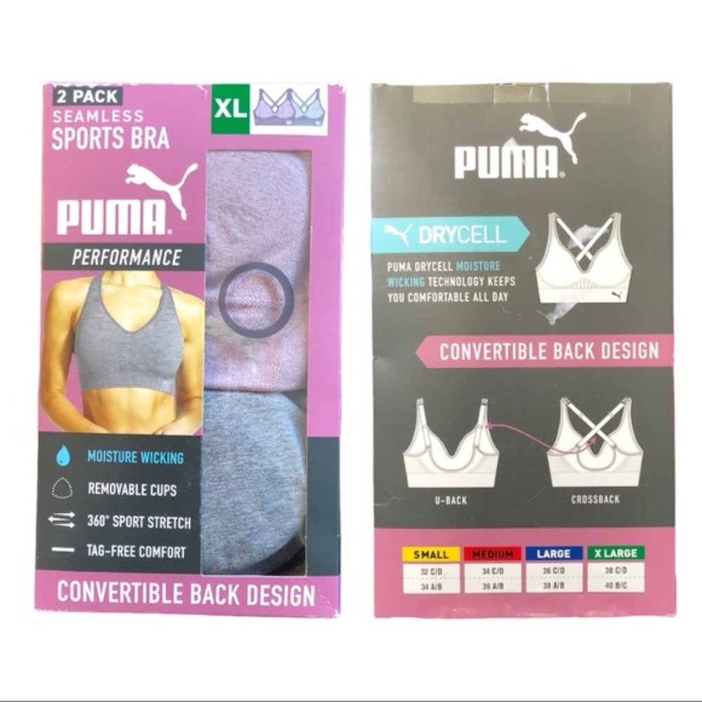 PUMA 2 Pack Seamless Performance Sports Bra NEW Purple / Grey - Picture 2 of 2